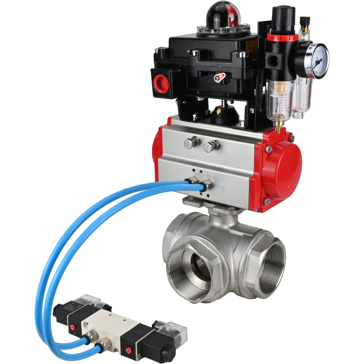 Ball valves Elephant BV3232P(4pc)-SP-3WL-T-ISO-H,  body material - Stainless steel AISI 316, seal - PTFE / PTFE / Teflon, with pneumatic actuator double action PA-DA, 4V320-10 220V, LSU APL-410N Ex, ATU AFC2000