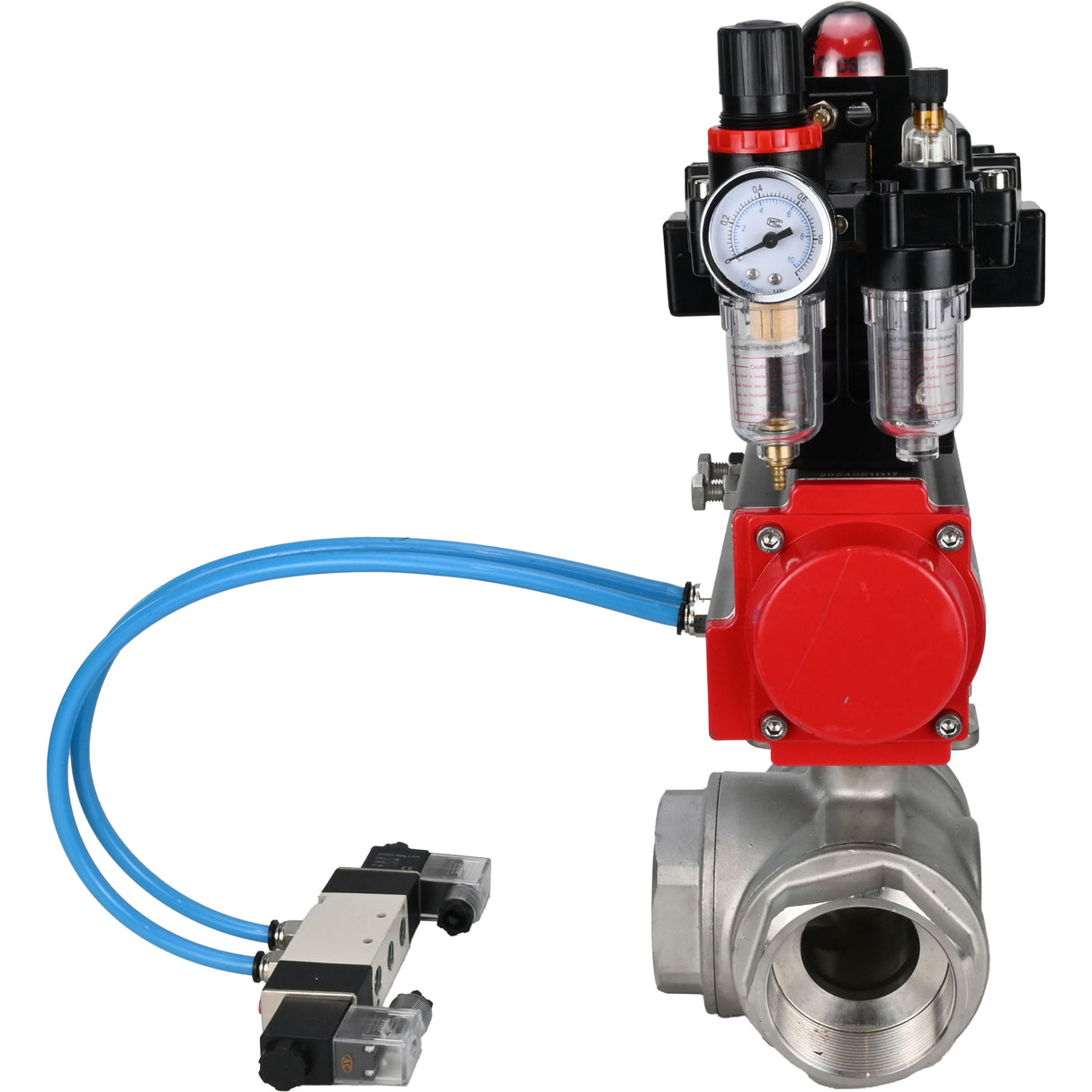 Ball valves Elephant BV3232P(4pc)-SP-3WL-T-ISO-H,  body material - Stainless steel AISI 316, seal - PTFE / PTFE / Teflon, with pneumatic actuator double action PA-DA, 4V320-10 220V, LSU APL-410N Ex, ATU AFC2000