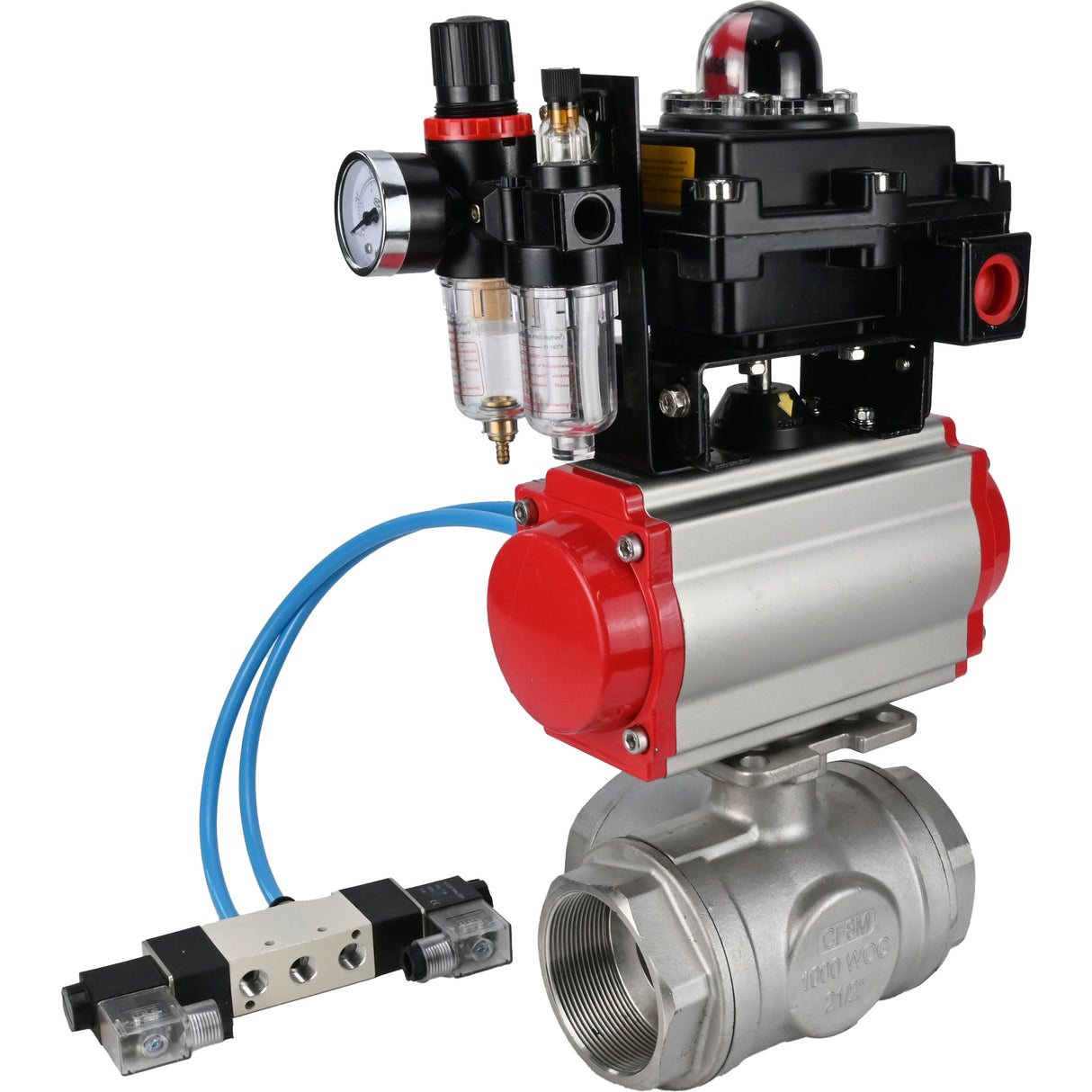 Ball valves Elephant BV3232P(4pc)-SP-3WL-T-ISO-H,  body material - Stainless steel AISI 316, seal - PTFE / PTFE / Teflon, with pneumatic actuator double action PA-DA, 4V320-10 220V, LSU APL-410N Ex, ATU AFC2000
