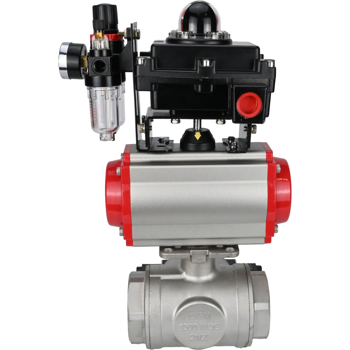 Ball valves Elephant BV3232P(4pc)-SP-3WL-T-ISO-H,  body material - Stainless steel AISI 316, seal - PTFE / PTFE / Teflon, with pneumatic actuator double action PA-DA, 4V320-10 220V, LSU APL-410N Ex, ATU AFC2000