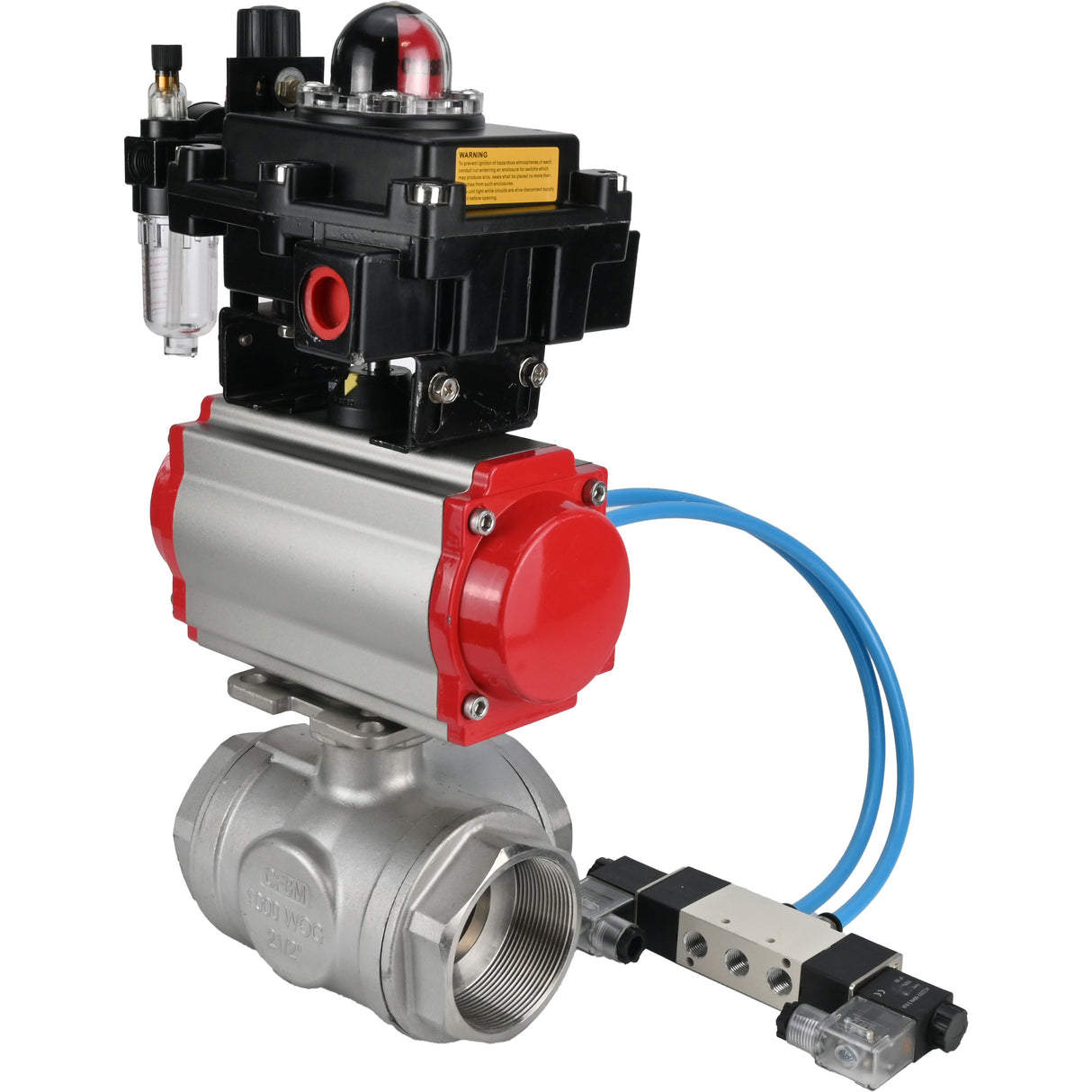 Ball valves Elephant BV3232P(4pc)-SP-3WL-T-ISO-H,  body material - Stainless steel AISI 316, seal - PTFE / PTFE / Teflon, with pneumatic actuator double action PA-DA, 4V320-10 220V, LSU APL-410N Ex, ATU AFC2000