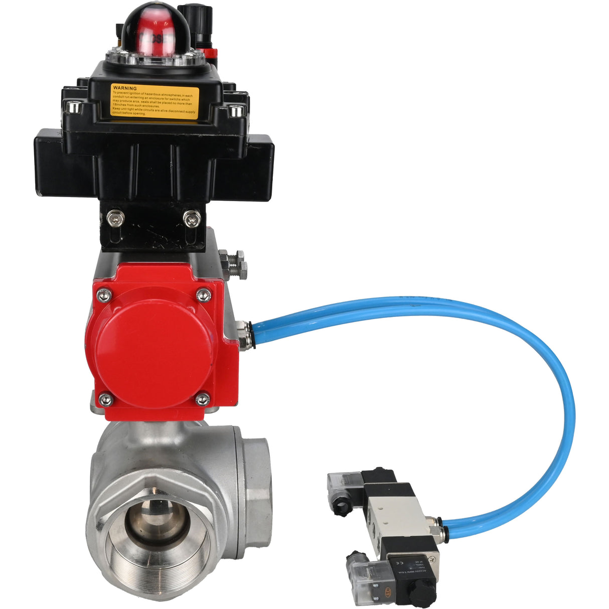 Ball valves Elephant BV3232P(4pc)-SP-3WL-T-ISO-H,  body material - Stainless steel AISI 316, seal - PTFE / PTFE / Teflon, with pneumatic actuator double action PA-DA, 4V320-10 220V, LSU APL-410N Ex, ATU AFC2000