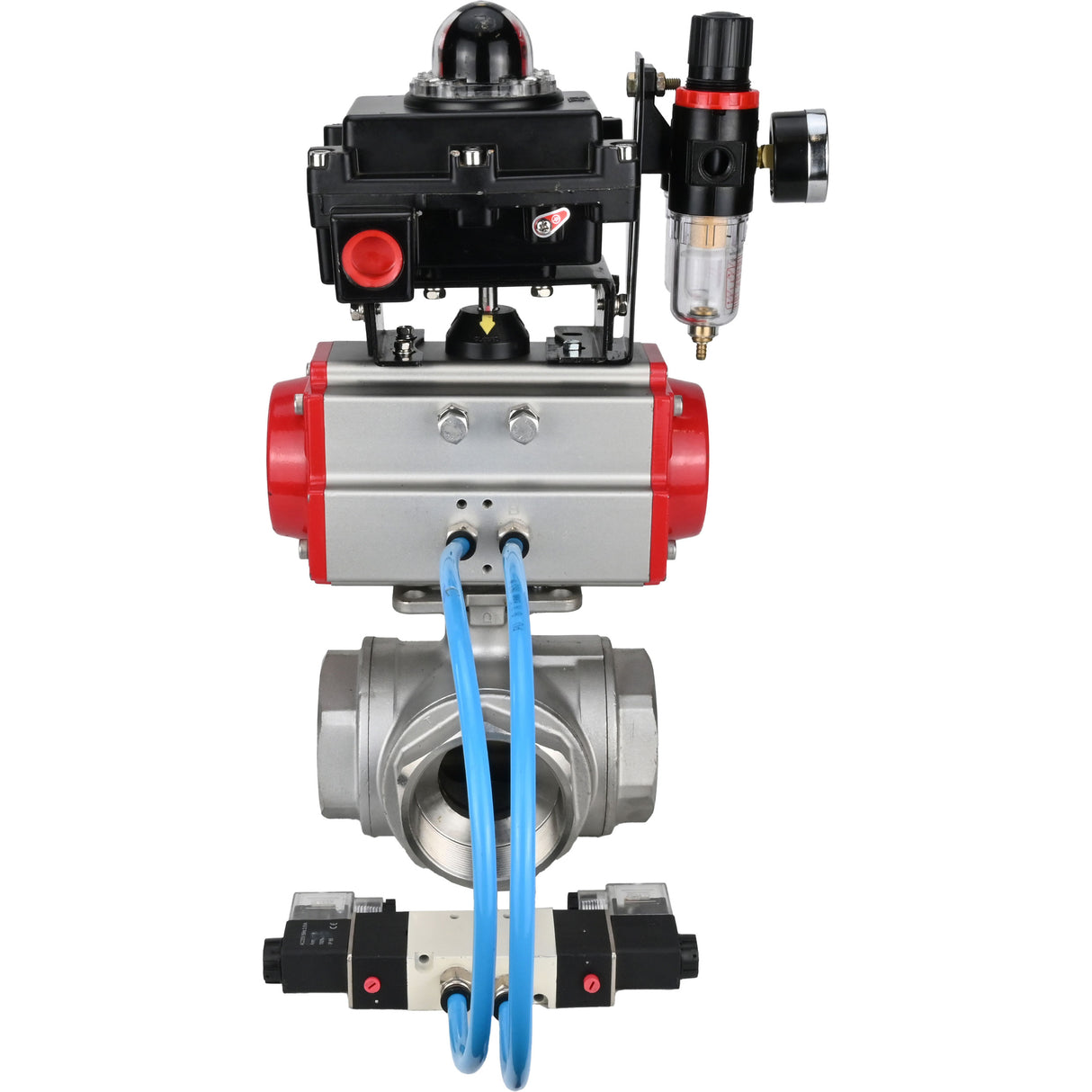 Ball valves Elephant BV3232P(4pc)-SP-3WL-T-ISO-H,  body material - Stainless steel AISI 316, seal - PTFE / PTFE / Teflon, with pneumatic actuator double action PA-DA, 4V320-10 220V, LSU APL-410N Ex, ATU AFC2000