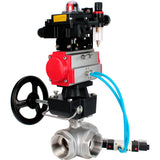 Ball valves Elephant BV3232P(4pc)-SP-3WL-T-ISO-H,  body material - Stainless steel AISI 316, seal - PTFE / PTFE / Teflon, with pneumatic actuator double action PA-DA, 4V320-08 220V, LSU APL-410N Ex, handwheel MON, ATU AFC2000