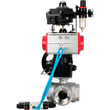 Ball valves Elephant BV3232P(4pc)-SP-3WL-T-ISO-H,  body material - Stainless steel AISI 316, seal - PTFE / PTFE / Teflon, with pneumatic actuator double action PA-DA, 4V320-08 220V, LSU APL-410N Ex, handwheel MON, ATU AFC2000