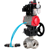 Ball valves Elephant BV3232P(4pc)-SP-3WL-T-ISO-H,  body material - Stainless steel AISI 316, seal - PTFE / PTFE / Teflon, with pneumatic actuator double action PA-DA, 4V320-08 220V, LSU APL-410N Ex, handwheel MON, ATU AFC2000