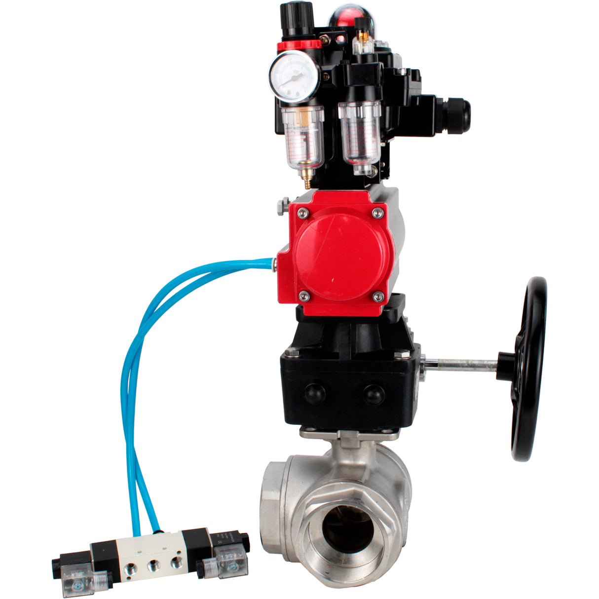 Ball valves Elephant BV3232P(4pc)-SP-3WL-T-ISO-H,  body material - Stainless steel AISI 316, seal - PTFE / PTFE / Teflon, with pneumatic actuator double action PA-DA, 4V320-08 220V, LSU APL-410N Ex, handwheel MON, ATU AFC2000