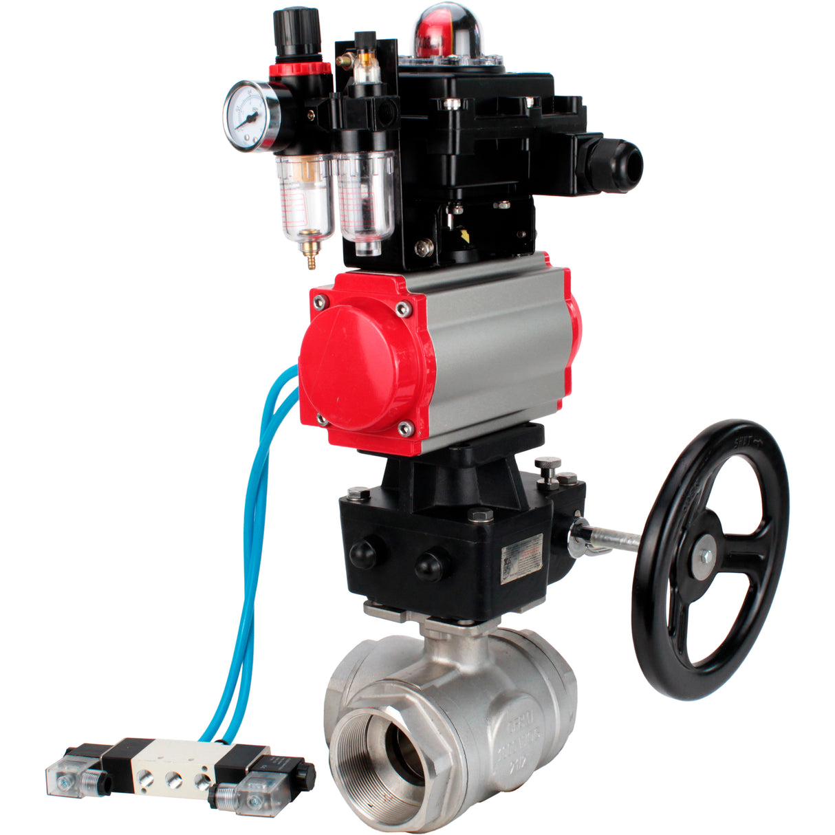 Ball valves Elephant BV3232P(4pc)-SP-3WL-T-ISO-H,  body material - Stainless steel AISI 316, seal - PTFE / PTFE / Teflon, with pneumatic actuator double action PA-DA, 4V320-08 220V, LSU APL-410N Ex, handwheel MON, ATU AFC2000
