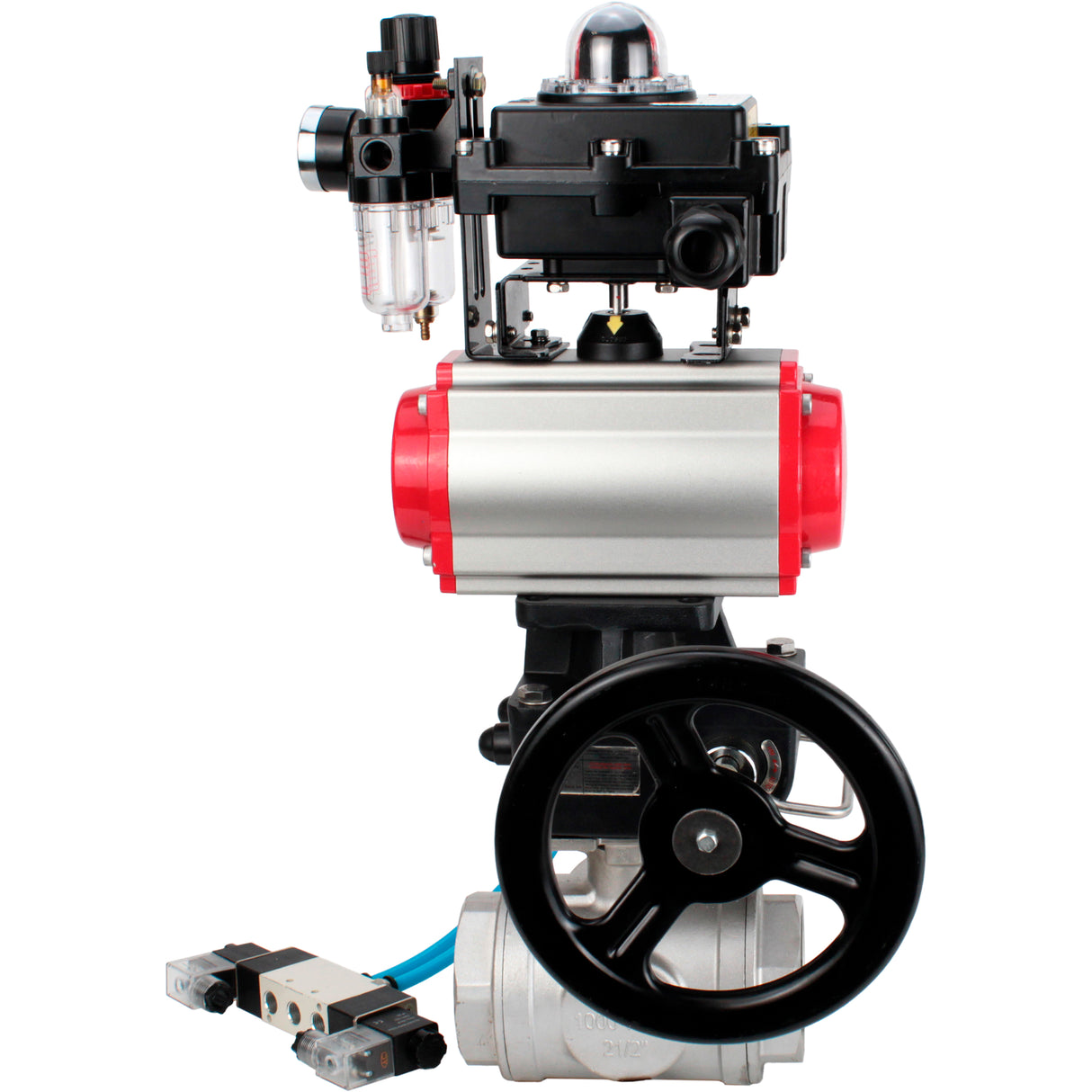 Ball valves Elephant BV3232P(4pc)-SP-3WL-T-ISO-H,  body material - Stainless steel AISI 316, seal - PTFE / PTFE / Teflon, with pneumatic actuator double action PA-DA, 4V320-08 220V, LSU APL-410N Ex, handwheel MON, ATU AFC2000