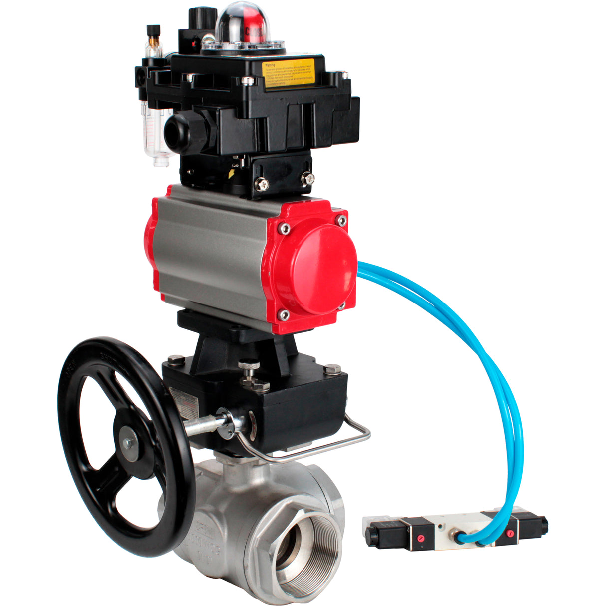 Ball valves Elephant BV3232P(4pc)-SP-3WL-T-ISO-H,  body material - Stainless steel AISI 316, seal - PTFE / PTFE / Teflon, with pneumatic actuator double action PA-DA, 4V320-08 220V, LSU APL-410N Ex, handwheel MON, ATU AFC2000
