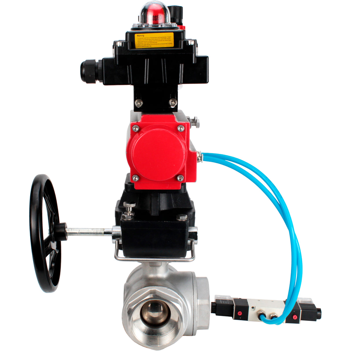 Ball valves Elephant BV3232P(4pc)-SP-3WL-T-ISO-H,  body material - Stainless steel AISI 316, seal - PTFE / PTFE / Teflon, with pneumatic actuator double action PA-DA, 4V320-08 220V, LSU APL-410N Ex, handwheel MON, ATU AFC2000