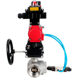Ball valves Elephant BV3232P(4pc)-SP-3WL-T-ISO-H,  body material - Stainless steel AISI 316, seal - PTFE / PTFE / Teflon, with pneumatic actuator double action PA-DA, 4V320-08 220V, LSU APL-410N Ex, handwheel MON, ATU AFC2000
