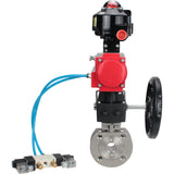Ball valves Elephant BV3232P-FP-Fb-ISO-H 16 bar wafer, full bore, stainless steel body. steel SS316, seal - PTFE, with pneumatic drive Elephant PA-DA 052-105 pneumatic distributor 4V320-10 gearbox MON LSU APL-510N-EX