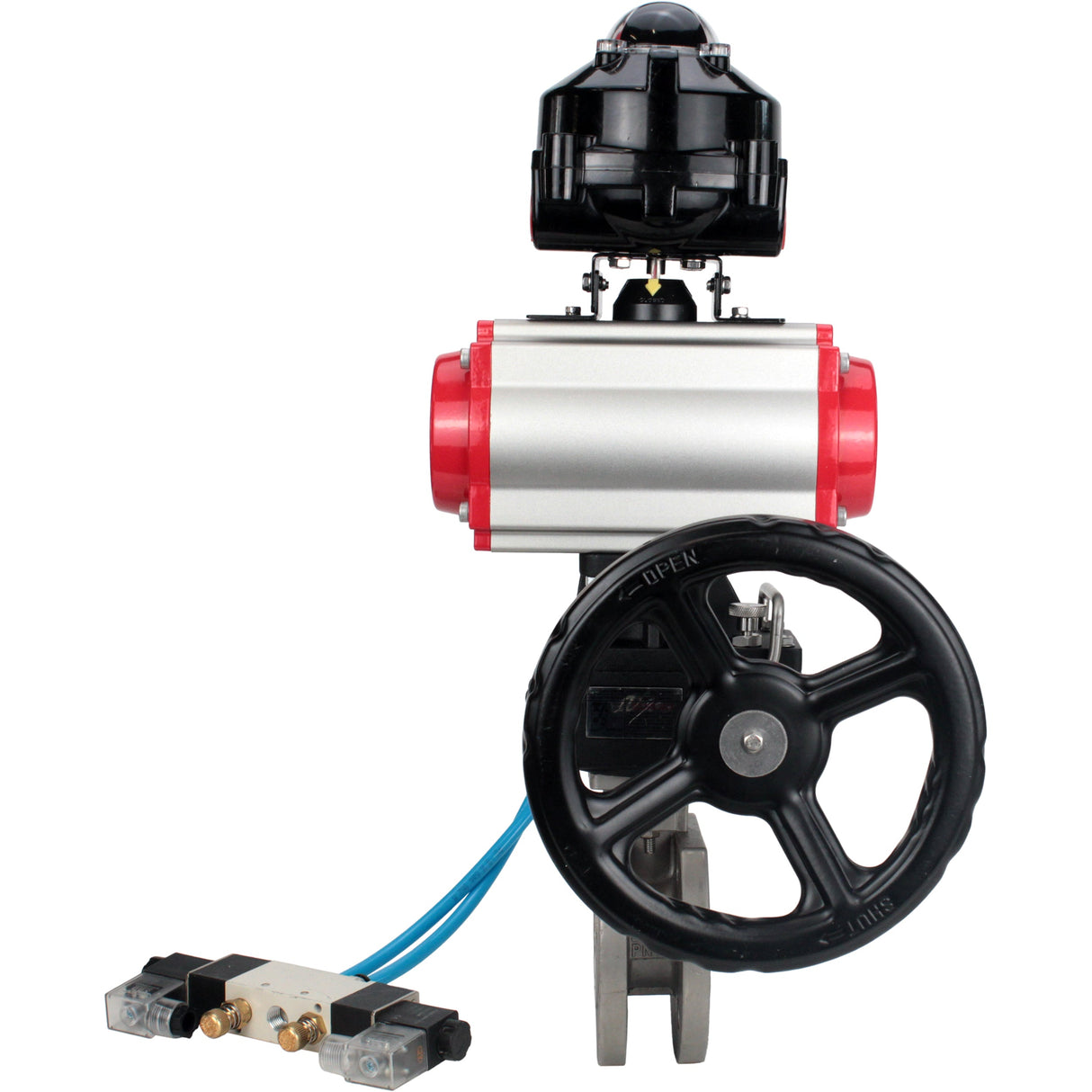 Ball valves Elephant BV3232P-FP-Fb-ISO-H 16 bar wafer, full bore, stainless steel body. steel SS316, seal - PTFE, with pneumatic drive Elephant PA-DA 052-105 pneumatic distributor 4V320-10 gearbox MON LSU APL-510N-EX