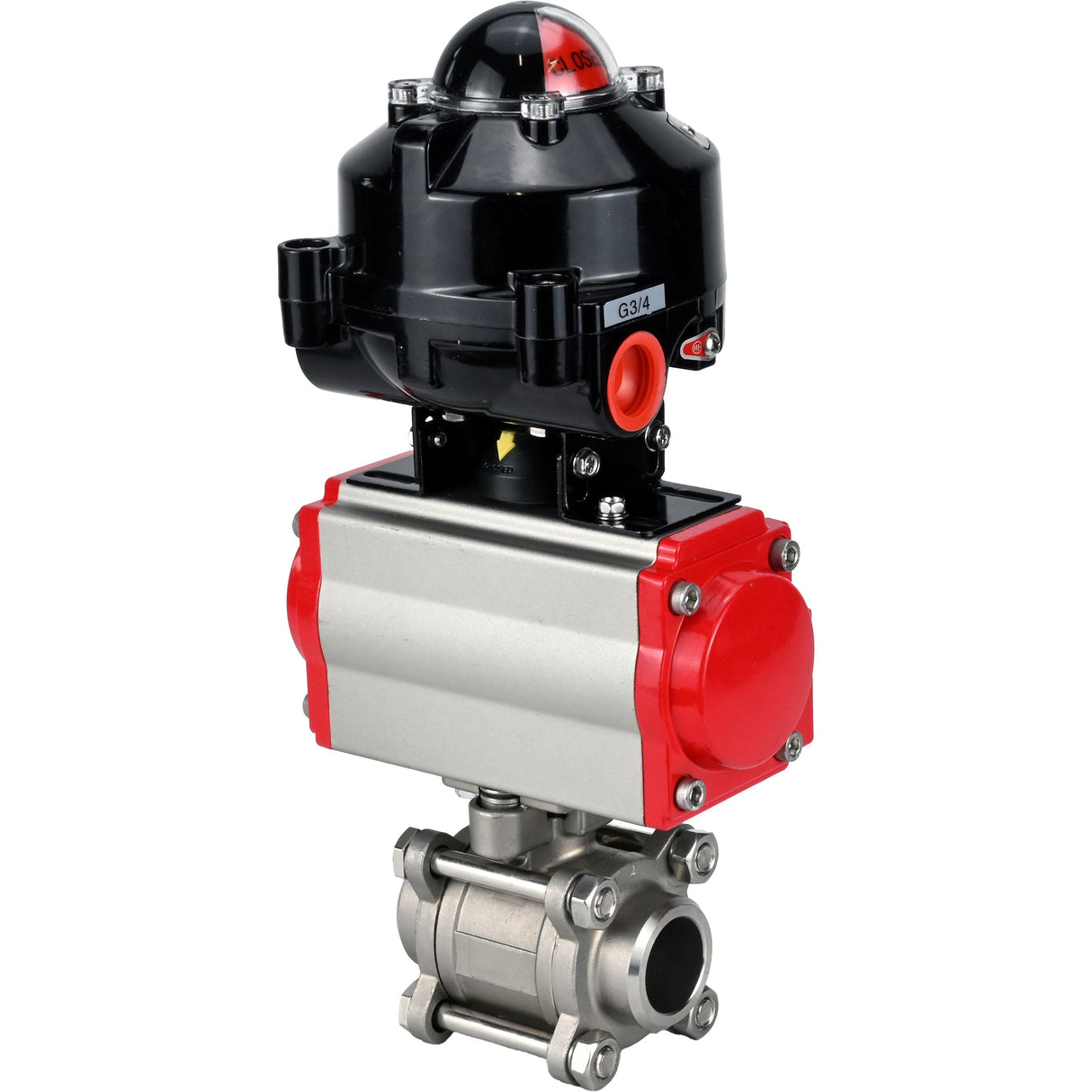 Vannes à boisseau sphérique Elephant BV3232P(3pc)-FP-W-ISO-H à souder, passage intégral, corps - acier inoxydable SS316, joint - PTFE, avec actionneur pneumatique Elephant PA-SA 052- 130 distributeur pneumatique 4M310-08 24V BKV APL-510N-EX