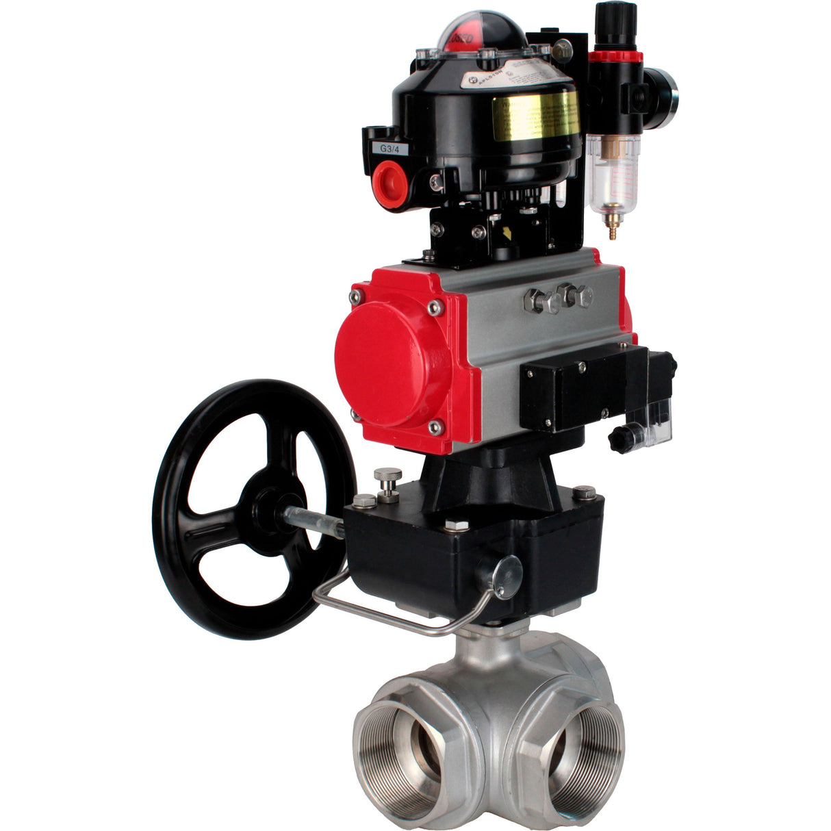Vannes à boisseau sphérique Elephant BV3232P-SP-3L-T 3 voies type L, filetées, corps - acier inoxydable SS316, joint - PTFE, avec entraînement pneumatique PA-DA-052-083 distributeur pneumatique 4M310-08 réducteur 220V MON BPV AFC2000 BKV APL-510N-EX