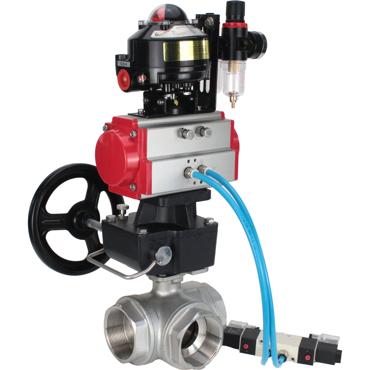 Vannes à boisseau sphérique Elephant BV3232P-SP-3L-T 3 voies type L, filetées, corps - acier inoxydable SS316, joint - PTFE, avec entraînement pneumatique PA-DA-052-083 distributeur pneumatique 4V320-10 réducteur MON BPV AFC2000 BKV APL-510N-EX