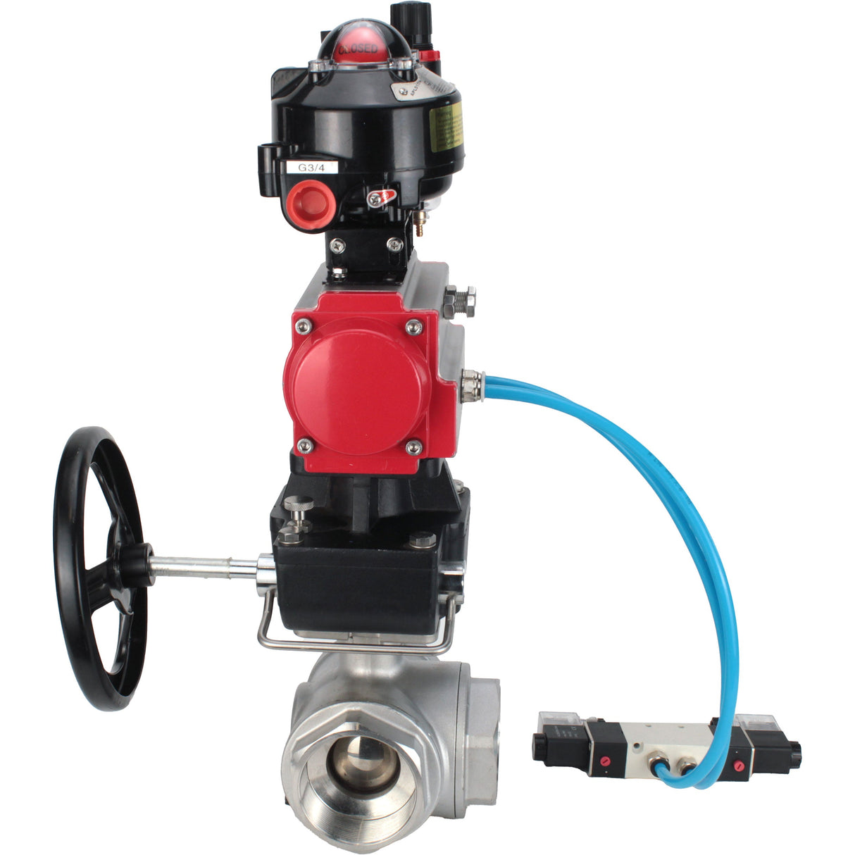 Vannes à boisseau sphérique Elephant BV3232P-SP-3L-T 3 voies type L, filetées, corps - acier inoxydable SS316, joint - PTFE, avec entraînement pneumatique PA-DA-052-083 distributeur pneumatique 4V320-10 réducteur MON BPV AFC2000 BKV APL-510N-EX