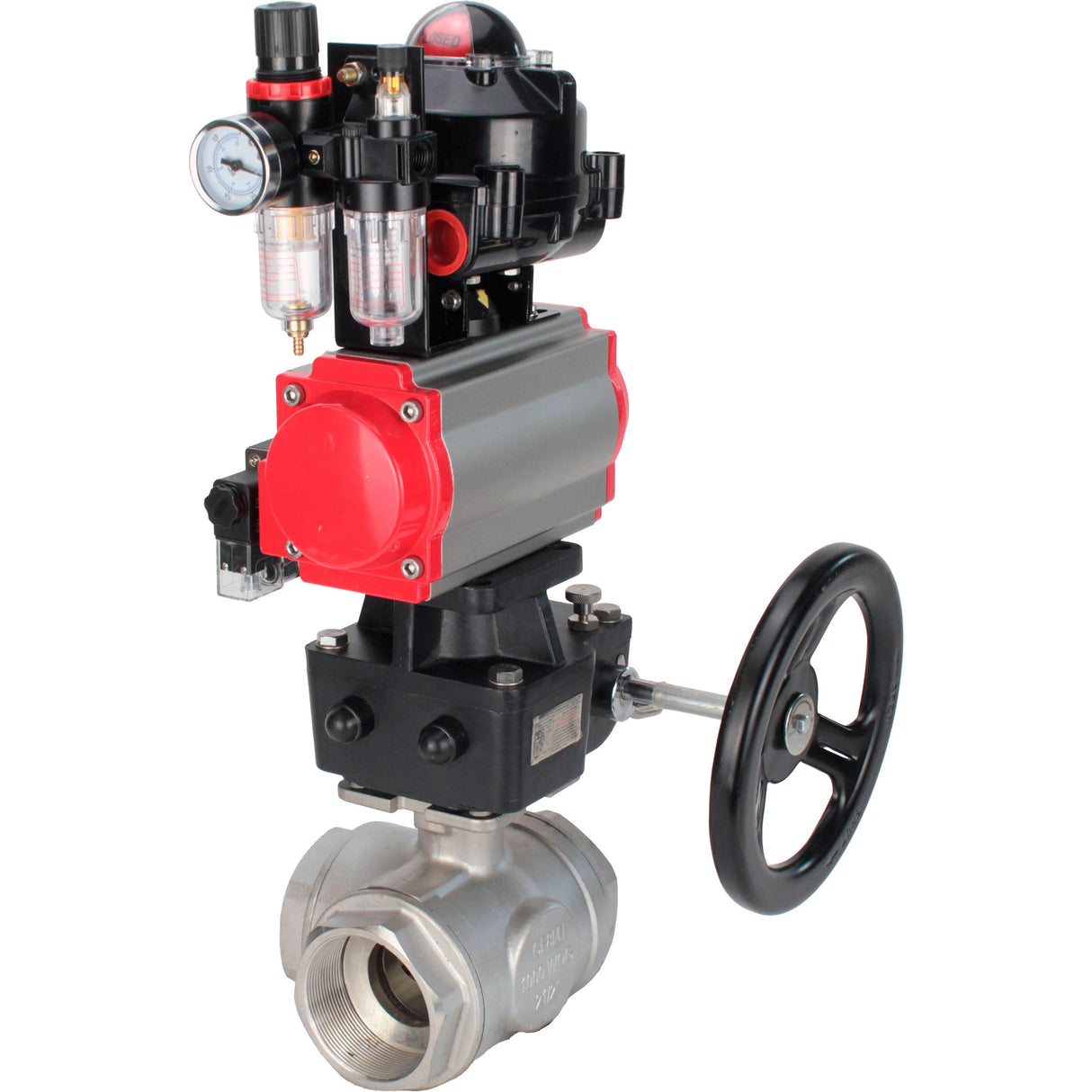 Vannes à boisseau sphérique Elephant BV3232P-SP-3L-T 3 voies type L, filetées, corps - acier inoxydable SS316, joint - PTFE, avec entraînement pneumatique PA-DA-052-083 distributeur pneumatique 4M310-08 24V MON réducteur BPV AFC2000 BKV APL-510N-EX