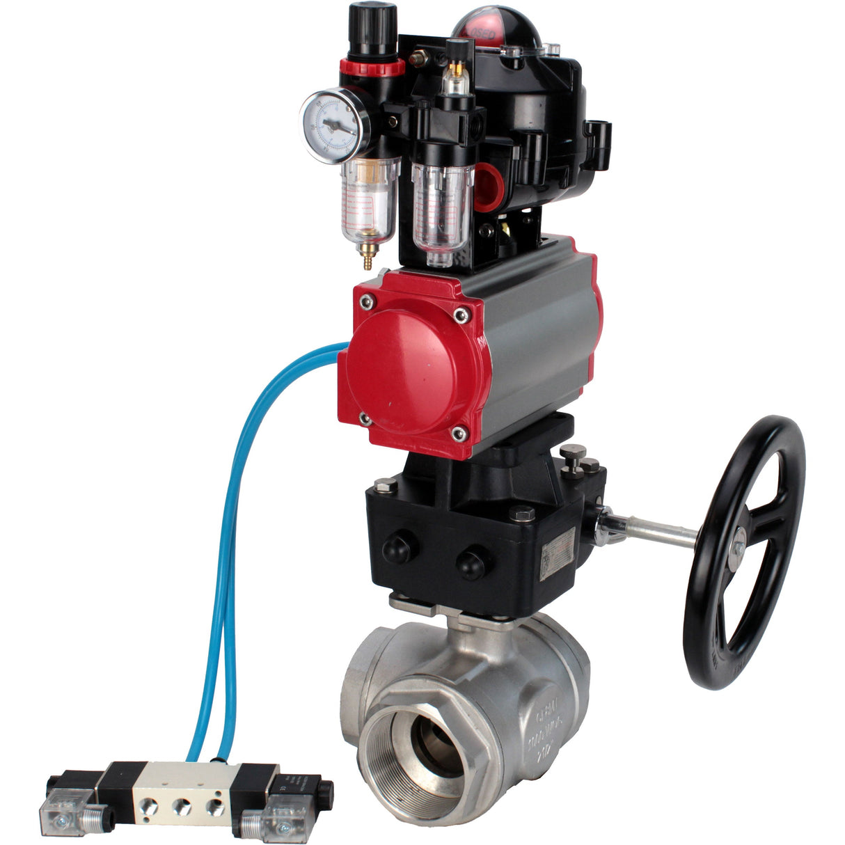 Vannes à boisseau sphérique Elephant BV3232P-SP-3L-T 3 voies type L, filetées, corps - acier inoxydable SS316, joint - PTFE, avec entraînement pneumatique PA-DA-052-083 distributeur pneumatique 4V320-10 réducteur MON BPV AFC2000 BKV APL-510N-EX