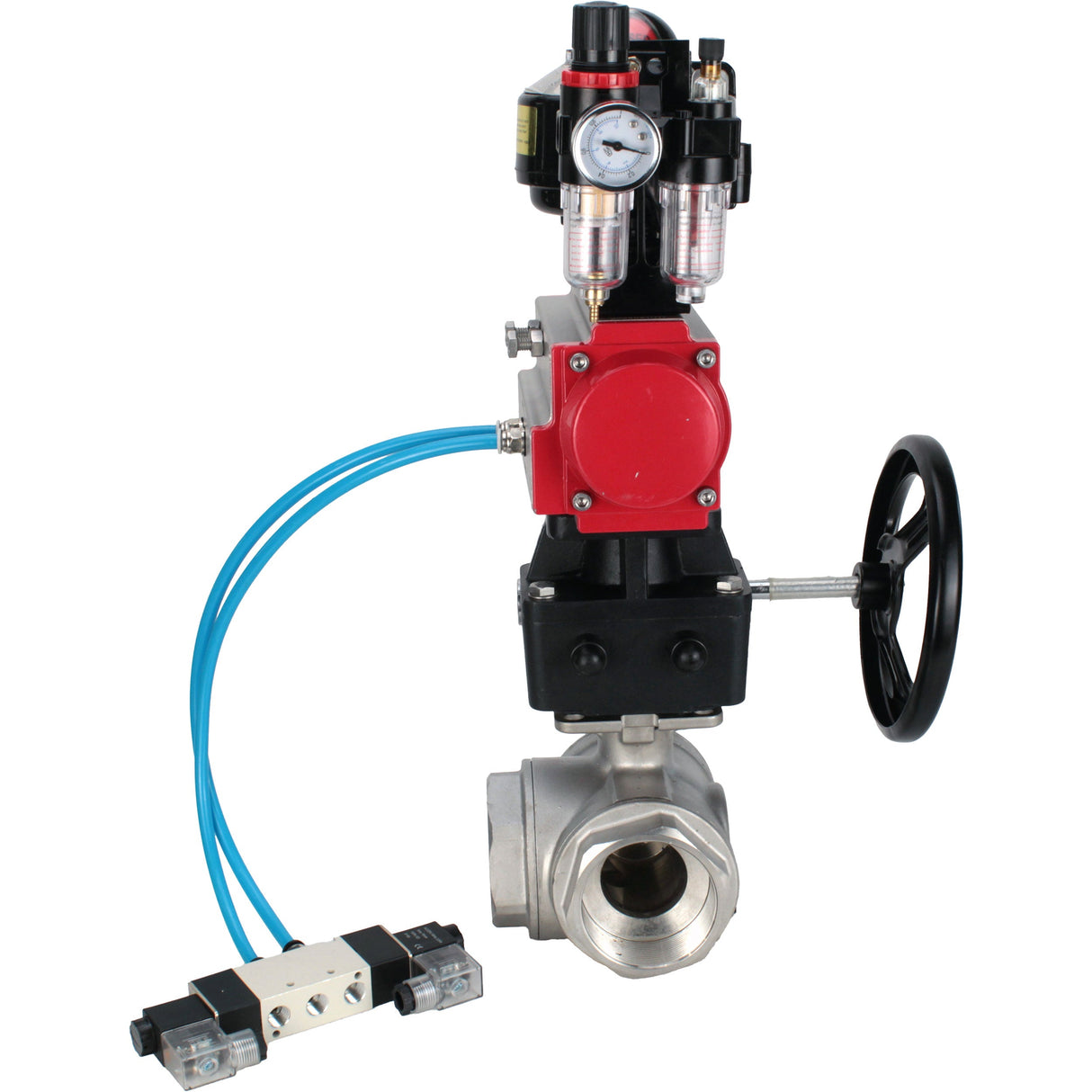 Vannes à boisseau sphérique Elephant BV3232P-SP-3L-T 3 voies type L, filetées, corps - acier inoxydable SS316, joint - PTFE, avec entraînement pneumatique PA-DA-052-083 distributeur pneumatique 4V320-08 réducteur MON BPV AFC2000 BKV APL-510N-EX