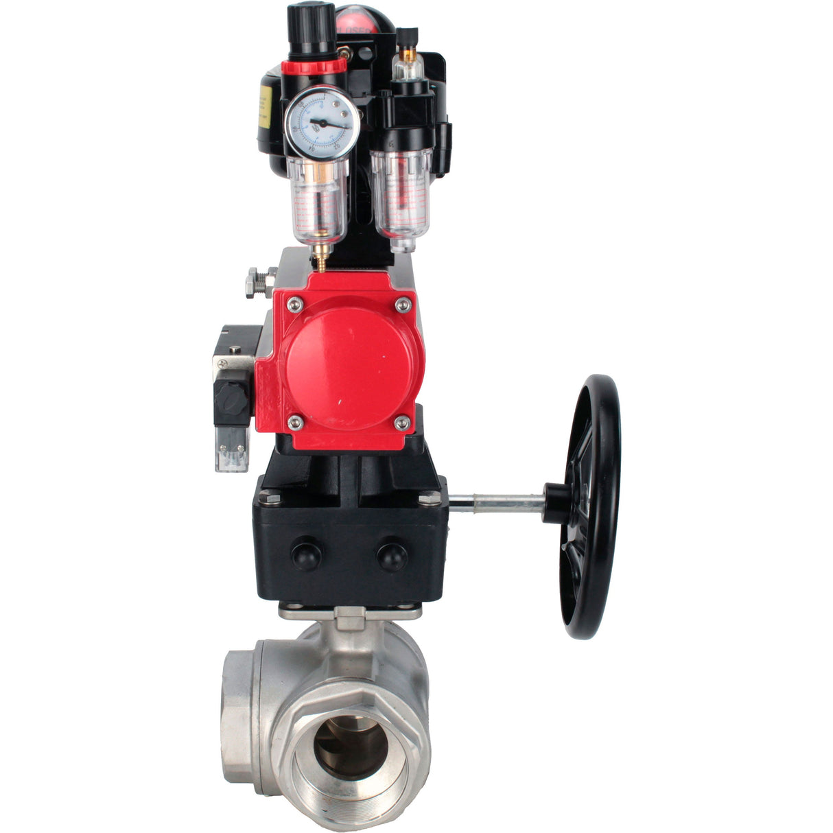 Vannes à boisseau sphérique Elephant BV3232P-SP-3L-T 3 voies type L, filetées, corps - acier inoxydable SS316, joint - PTFE, avec entraînement pneumatique PA-DA-052-083 distributeur pneumatique 4M310-08 24V MON réducteur BPV AFC2000 BKV APL-510N-EX