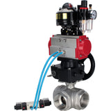 Vannes à boisseau sphérique Elephant BV3232P-SP-3L-T 3 voies type L, filetées, corps - acier inoxydable SS316, joint - PTFE, avec entraînement pneumatique PA-DA-052-083 distributeur pneumatique 4V320-10 réducteur MON BPV AFC2000 BKV APL-510N-EX