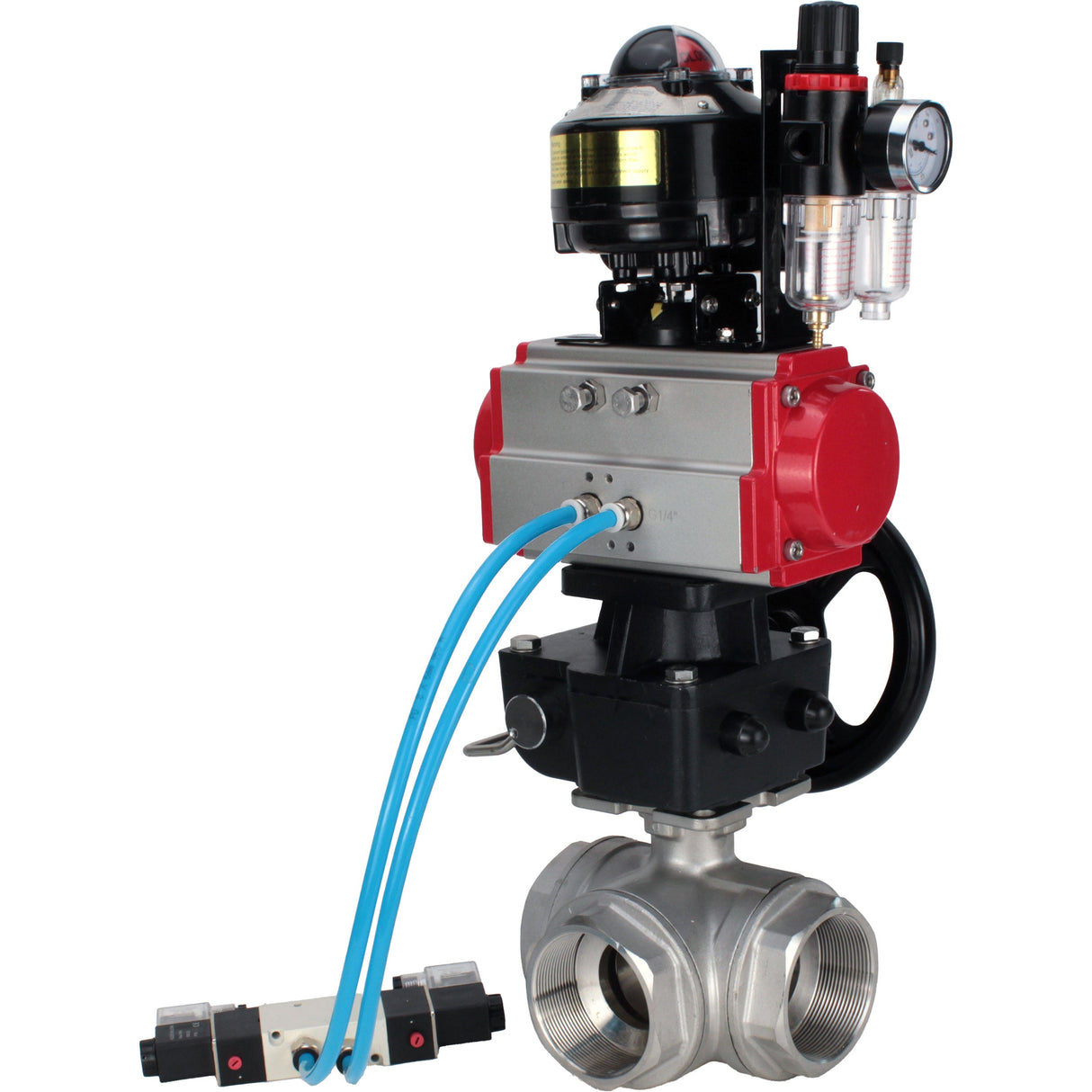 Vannes à boisseau sphérique Elephant BV3232P-SP-3L-T 3 voies type L, filetées, corps - acier inoxydable SS316, joint - PTFE, avec entraînement pneumatique PA-DA-052-083 distributeur pneumatique 4V320-08 réducteur MON BPV AFC2000 BKV APL-510N-EX