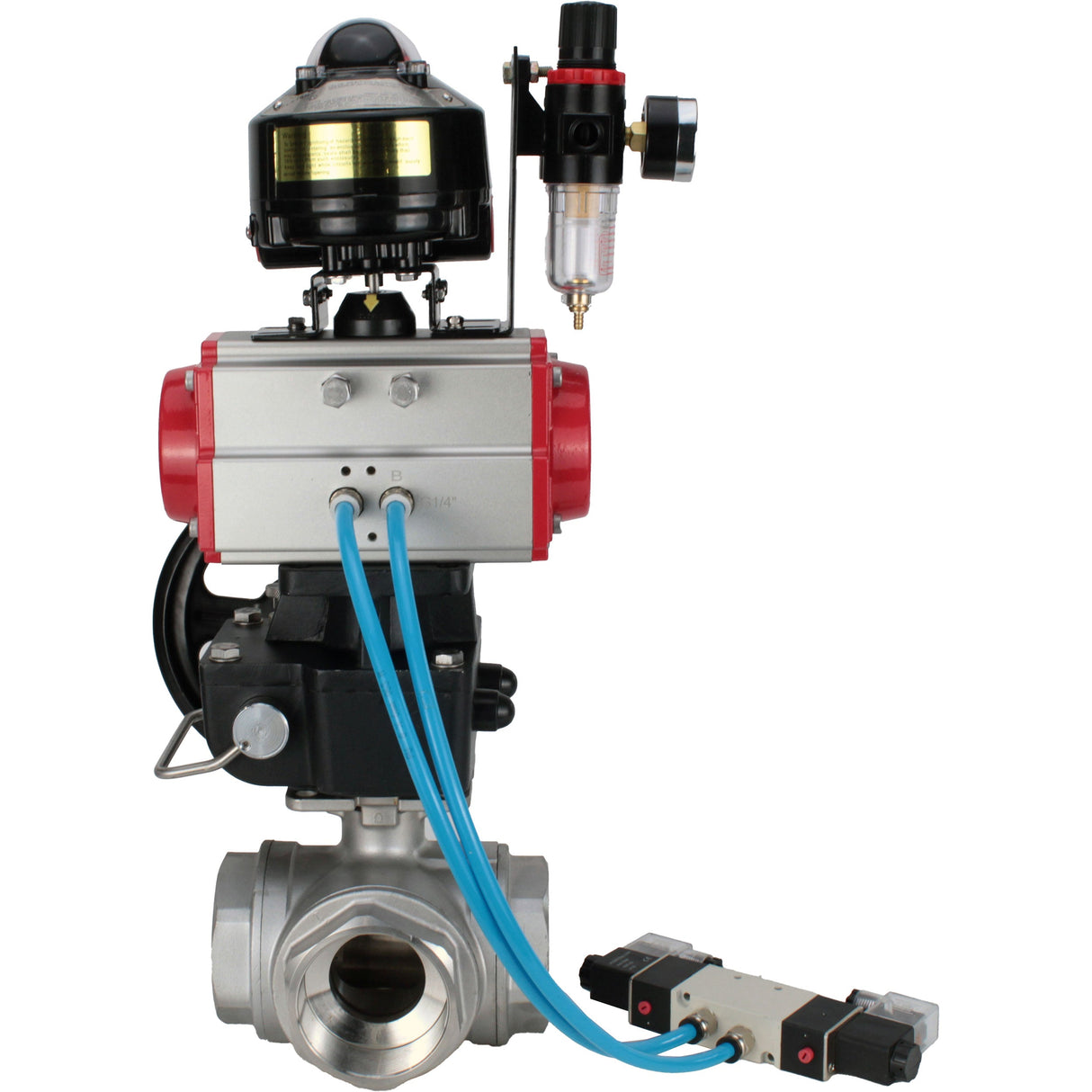 Vannes à boisseau sphérique Elephant BV3232P-SP-3L-T 3 voies type L, filetées, corps - acier inoxydable SS316, joint - PTFE, avec entraînement pneumatique PA-DA-052-083 distributeur pneumatique 4V320-10 réducteur MON BPV AFC2000 BKV APL-510N-EX