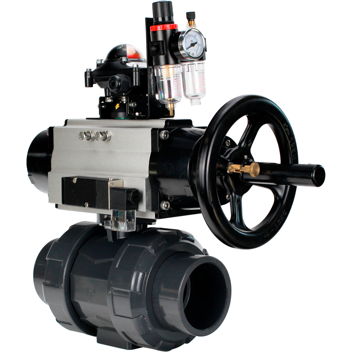 Ball valves Elephant BV4242E-FP-GRM-ISO, body material - UPVC, ball material - UPVC, seal - EPDM, with pneumatic actuator double action PA-DA-105-1, pneumatic distributor 4M310-08 220V, LSU APL-210N and ATU AFC2000