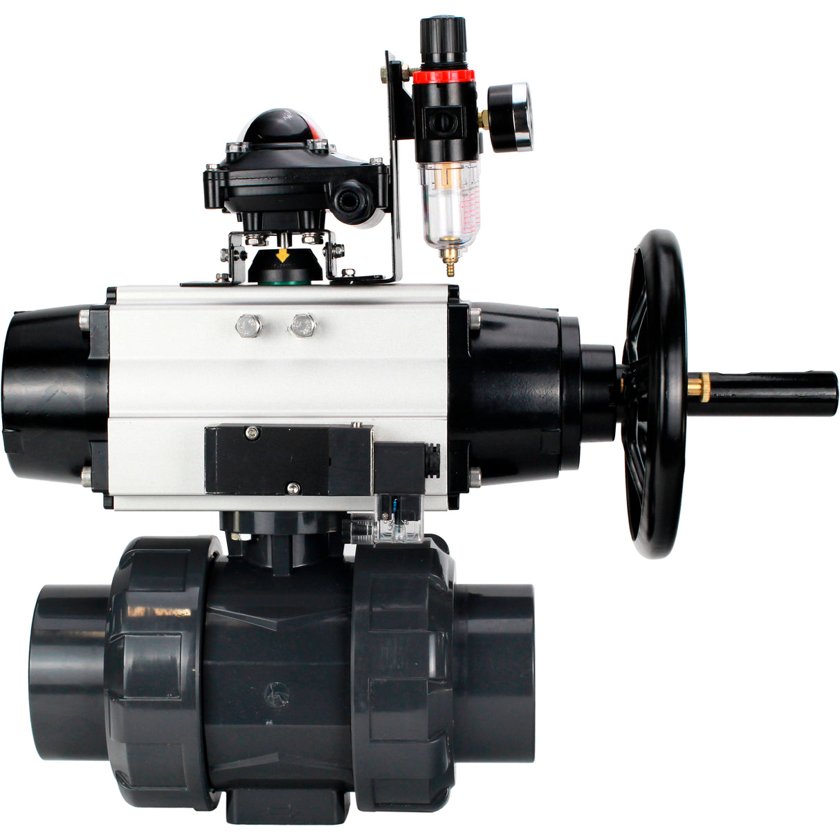 Ball valves Elephant BV4242E-FP-GRM-ISO, body material - UPVC, ball material - UPVC, seal - EPDM, with pneumatic actuator double action PA-DA-105-1, pneumatic distributor 4M310-08 220V, LSU APL-210N and ATU AFC2000