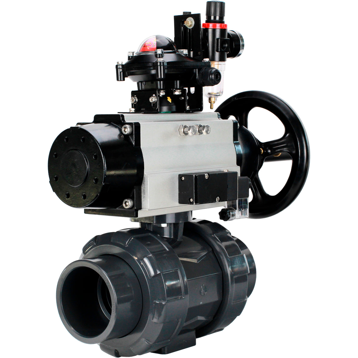 Ball valves Elephant BV4242E-FP-GRM-ISO, body material - UPVC, ball material - UPVC, seal - EPDM, with pneumatic actuator double action PA-DA-105-1, pneumatic distributor 4M310-08 220V, LSU APL-210N and ATU AFC2000