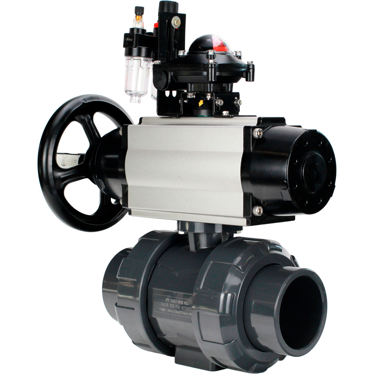 Ball valves Elephant BV4242E-FP-GRM-ISO, body material - UPVC, ball material - UPVC, seal - EPDM, with pneumatic actuator double action PA-DA-105-1, pneumatic distributor 4M310-08 220V, LSU APL-210N and ATU AFC2000
