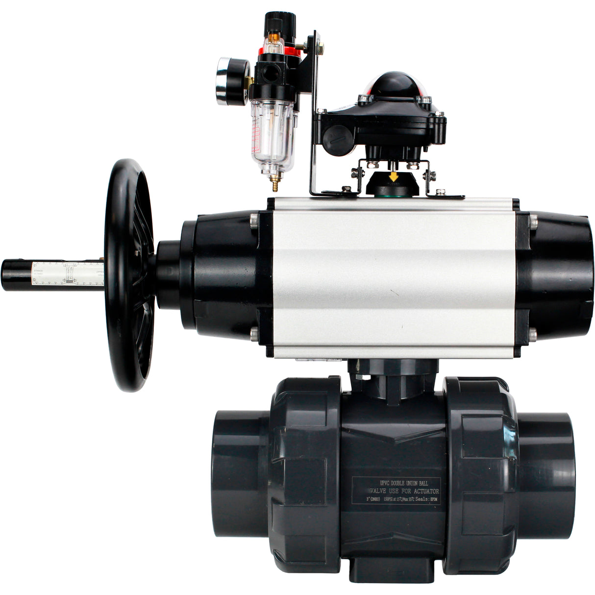 Ball valves Elephant BV4242E-FP-GRM-ISO, body material - UPVC, ball material - UPVC, seal - EPDM, with pneumatic actuator double action PA-DA-105-1, pneumatic distributor 4M310-08 220V, LSU APL-210N and ATU AFC2000