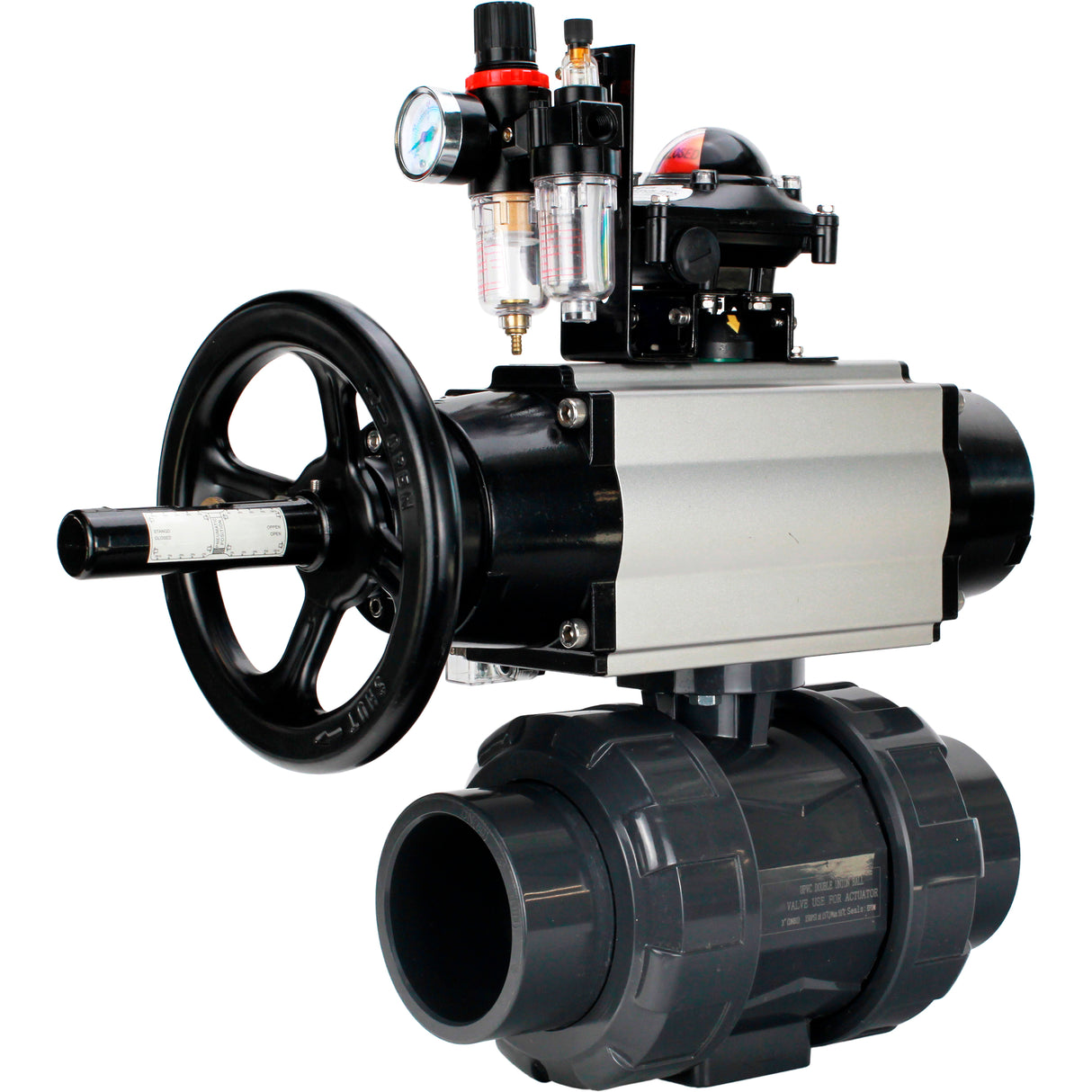 Ball valves Elephant BV4242E-FP-GRM-ISO, body material - UPVC, ball material - UPVC, seal - EPDM, with pneumatic actuator double action PA-DA-105-1, pneumatic distributor 4M310-08 220V, LSU APL-210N and ATU AFC2000