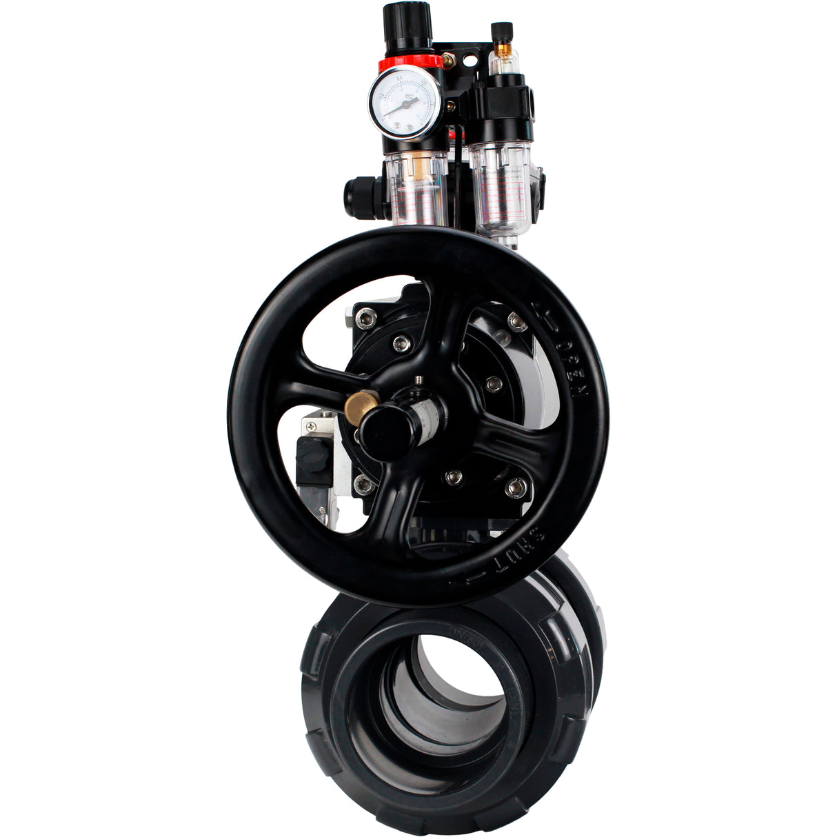 Ball valves Elephant BV4242E-FP-GRM-ISO, body material - UPVC, ball material - UPVC, seal - EPDM, with pneumatic actuator double action PA-DA-105-1, pneumatic distributor 4M310-08 220V, LSU APL-210N and ATU AFC2000