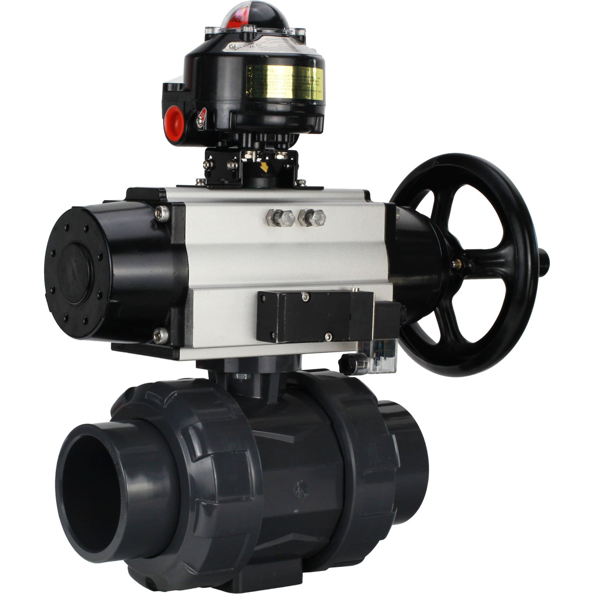 Ball valves Elephant BV4242E-FP-GRM-ISO, body material - UPVC, ball material - UPVC, seal - EPDM, with pneumatic actuator double action PA-DA-105-1, pneumatic distributor 4M310-08 24V and LSU APL-510N EX