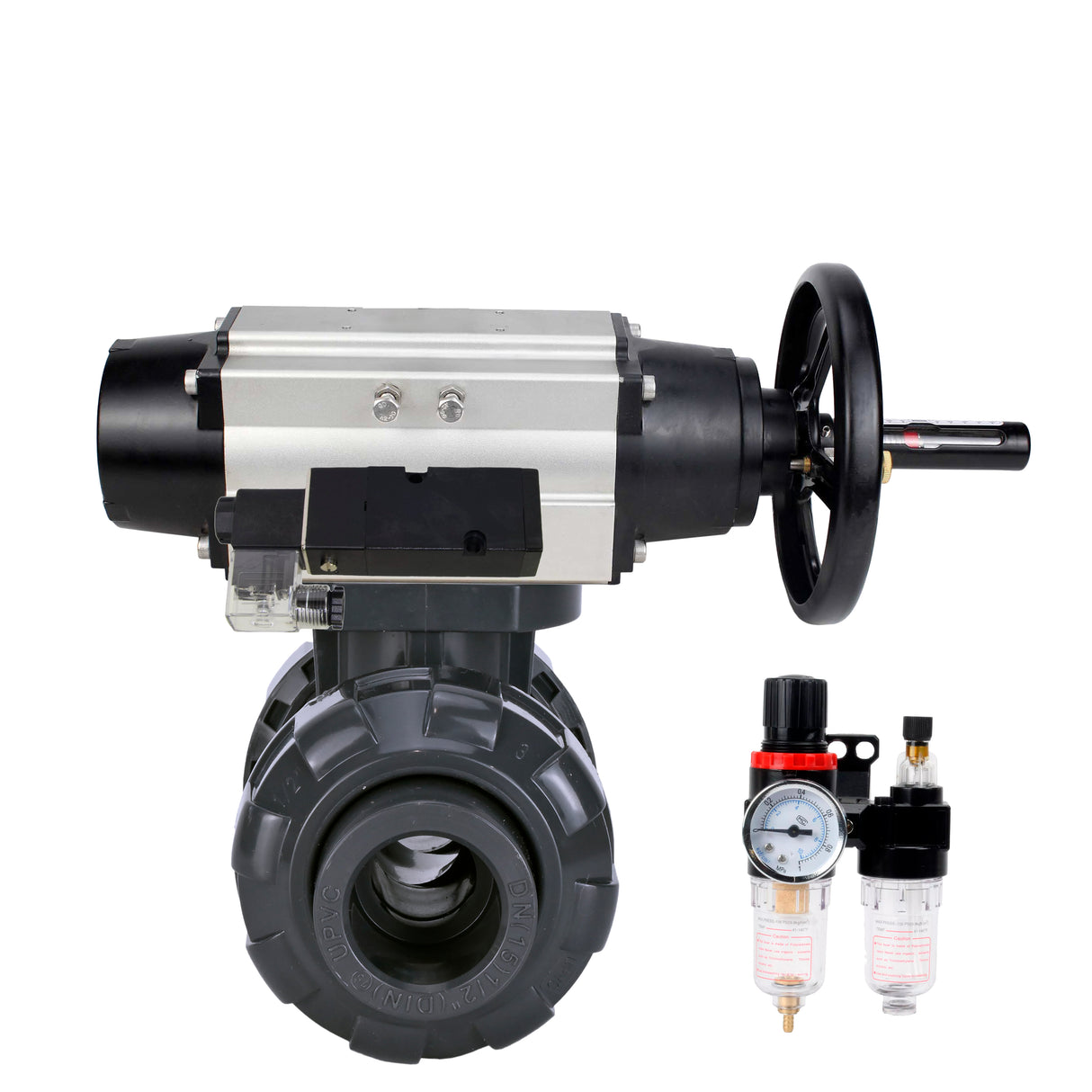 Ball valves Elephant BV4242E-FP-GRM-ISO, body material - UPVC, ball material - UPVC, seal - EPDM, with pneumatic actuator double action PA-DA-105-1, pneumatic distributor 4M310-08 220V and ATU AFC2000