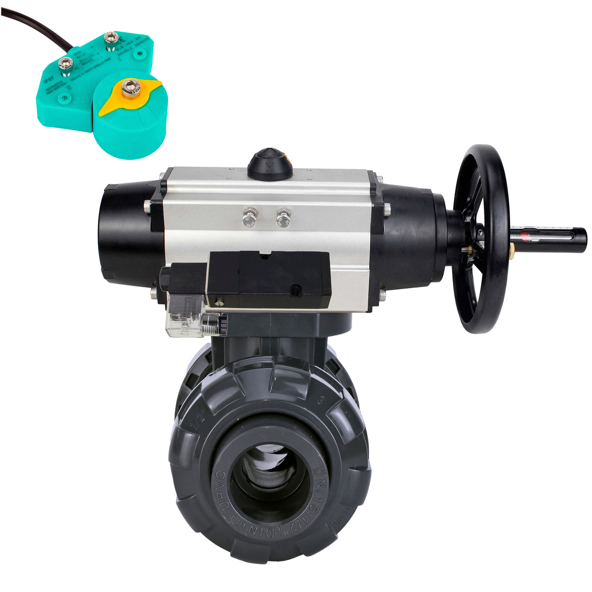 Ball valves Elephant BV4242E-FP-GRM-ISO, body material - UPVC, ball material - UPVC, seal - EPDM, with pneumatic actuator double action PA-DA-105-1, pneumatic distributor 4M310-08 220V and magnetic switch ALS200D