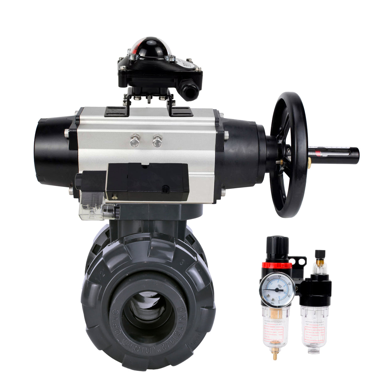 Ball valves Elephant BV4242E-FP-GRM-ISO, body material - UPVC, ball material - UPVC, seal - EPDM, with pneumatic actuator double action PA-DA-105-1, pneumatic distributor 4M310-08 24V, LSU APL-210N and ATU AFC2000