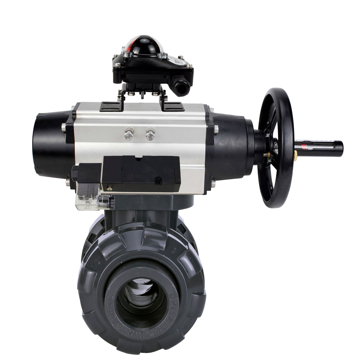 Ball valves Elephant BV4242E-FP-GRM-ISO, body material - UPVC, ball material - UPVC, seal - EPDM, with pneumatic actuator double action PA-DA-105-1, pneumatic distributor 4M310-08 24V and LSU APL-210N