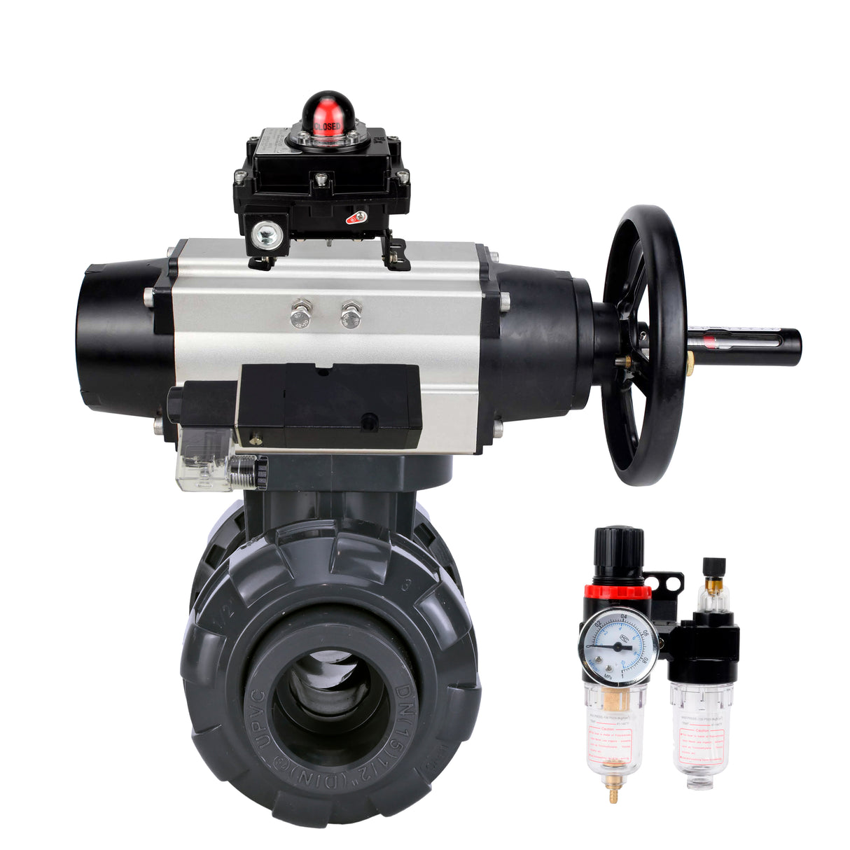 Ball valves Elephant BV4242E-FP-GRM-ISO, body material - UPVC, ball material - UPVC, seal - EPDM, with pneumatic actuator double action PA-DA-105-1, pneumatic distributor 4M310-08 24V, LSU APL-410N EX and ATU AFC2000