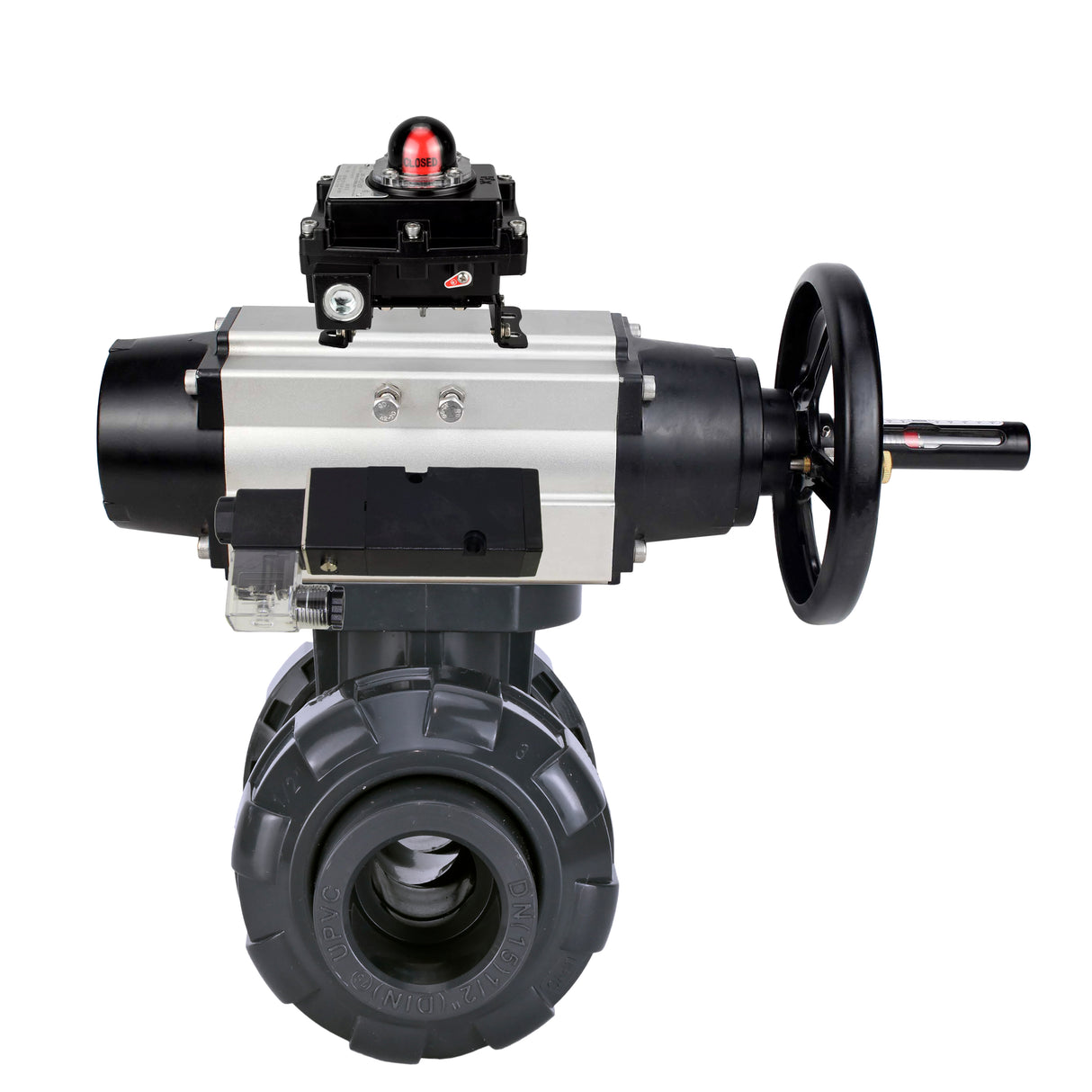 Ball valves Elephant BV4242E-FP-GRM-ISO, body material - UPVC, ball material - UPVC, seal - EPDM, with pneumatic actuator double action PA-DA-105-1, pneumatic distributor 4M310-08 220V and LSU APL-410N EX