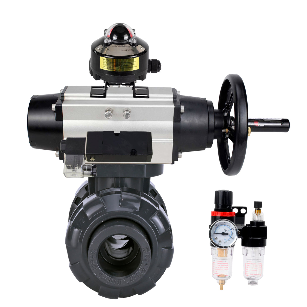 Ball valves Elephant BV4242E-FP-GRM-ISO, body material - UPVC, ball material - UPVC, seal - EPDM, with pneumatic actuator double action PA-DA-105-1, pneumatic distributor 4M310-08 220V, LSU APL-510N EX and ATU AFC2000