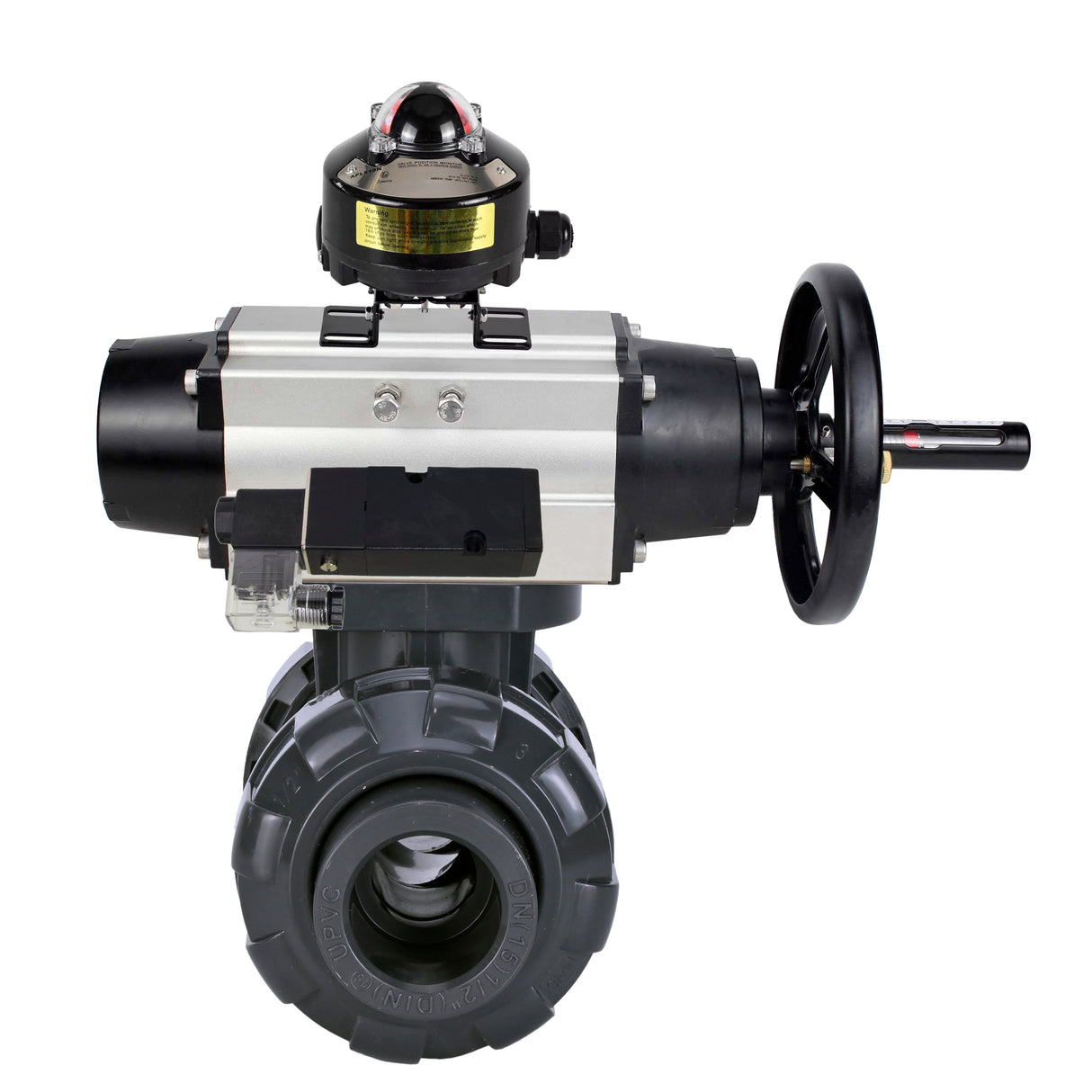Ball valves Elephant BV4242E-FP-GRM-ISO, body material - UPVC, ball material - UPVC, seal - EPDM, with pneumatic actuator double action PA-DA-105-1, pneumatic distributor 4M310-08 24V and LSU APL-510N EX
