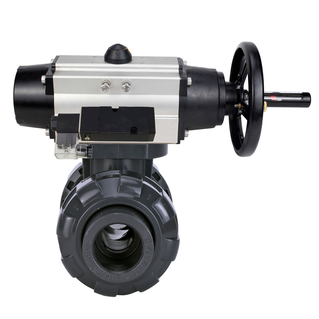 Ball valves Elephant BV4242E-FP-GRM-ISO, body material - UPVC, ball material - UPVC, seal - EPDM, with pneumatic actuator double action PA-DA-105-1 and pneumatic distributor 4M310-08 220V