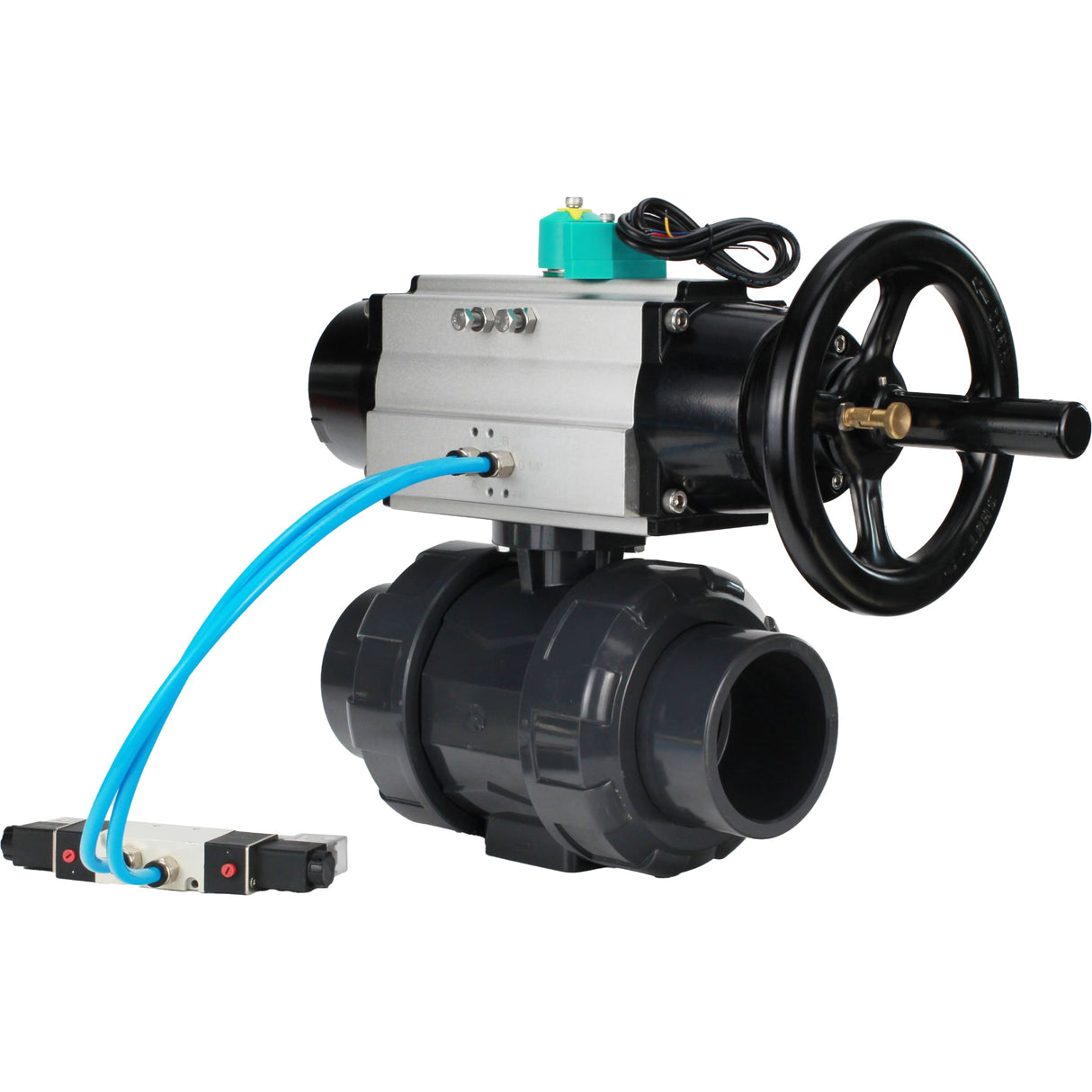 Ball valves Elephant BV4242E-FP-GRM-ISO, body material - UPVC, ball material - UPVC, seal - EPDM, with pneumatic actuator double action PA-DA-105-1, pneumatic distributor 4V320-08 220V and magnetic switch ALS200D
