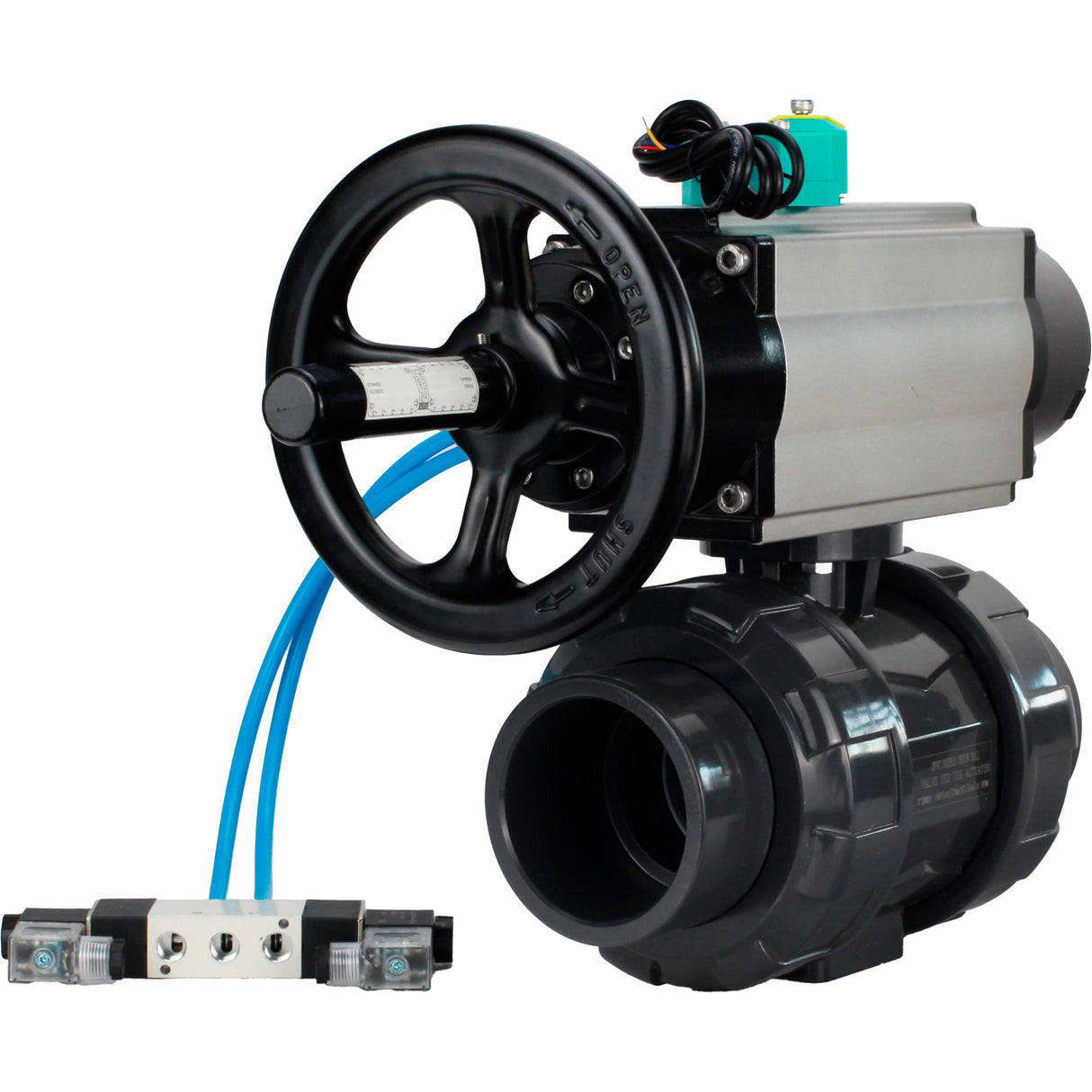 Ball valves Elephant BV4242E-FP-GRM-ISO, body material - UPVC, ball material - UPVC, seal - EPDM, with pneumatic actuator double action PA-DA-105-1, pneumatic distributor 4V320-08 220V and magnetic switch ALS200D