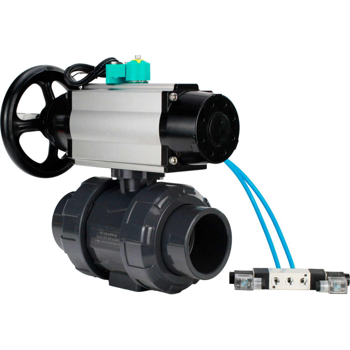 Ball valves Elephant BV4242E-FP-GRM-ISO, body material - UPVC, ball material - UPVC, seal - EPDM, with pneumatic actuator double action PA-DA-105-1, pneumatic distributor 4V320-08 220V and magnetic switch ALS200D