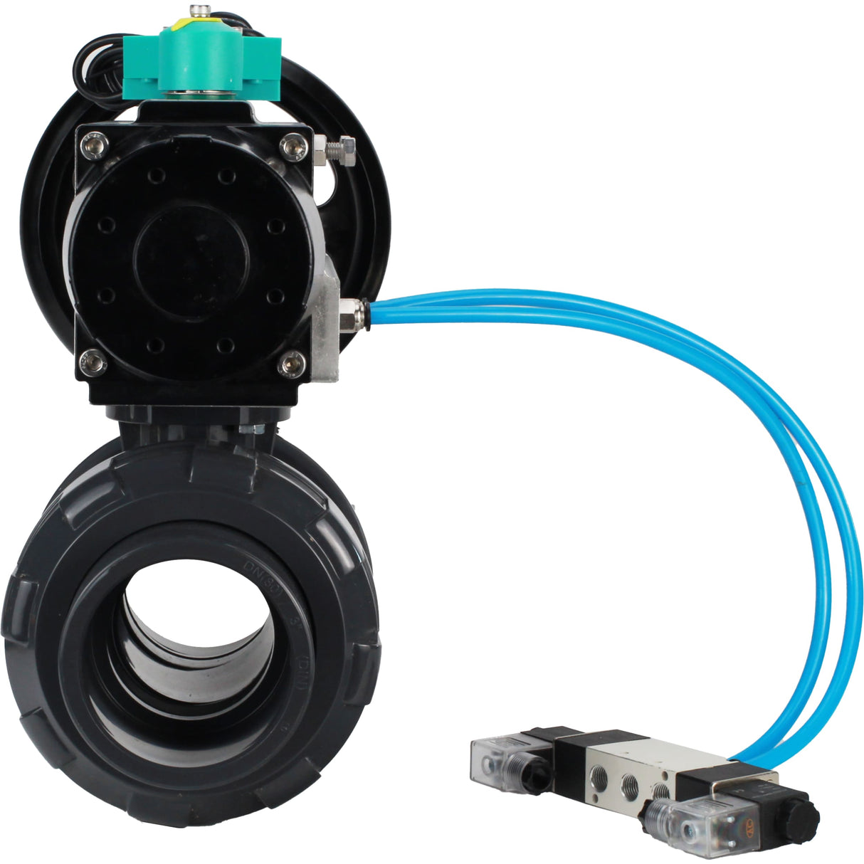 Ball valves Elephant BV4242E-FP-GRM-ISO, body material - UPVC, ball material - UPVC, seal - EPDM, with pneumatic actuator double action PA-DA-105-1, pneumatic distributor 4V320-08 220V and magnetic switch ALS200D